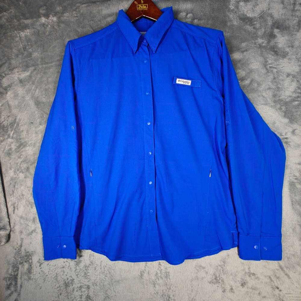 Columbia PFG Fishing Shirt Womens Large Blue Long Sleeve Snap Button FL7278